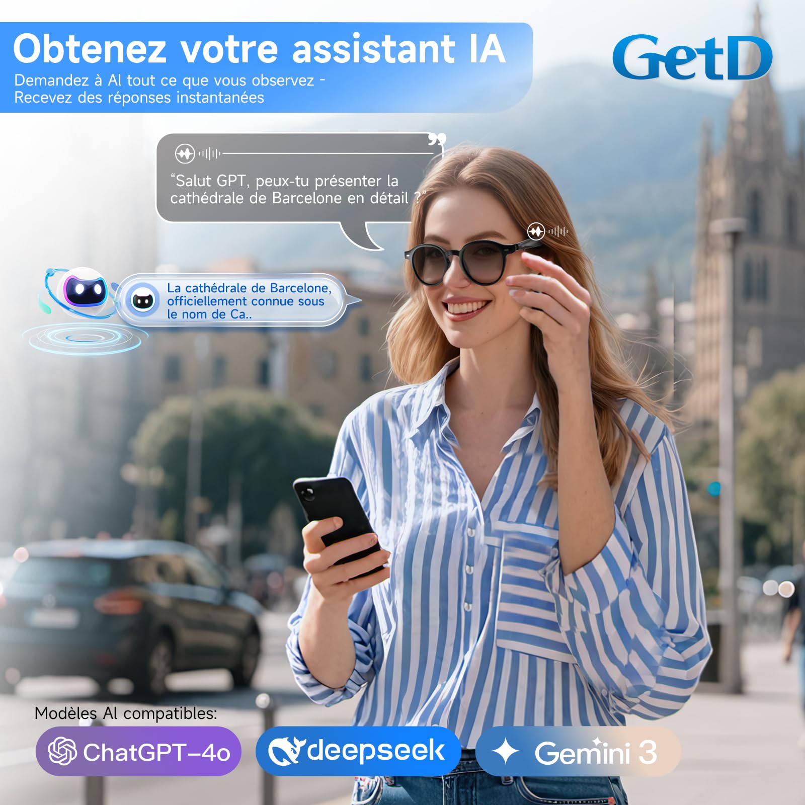 GetD Lunettes AI – Intelligence ChatGPT et Traduction instantanée par IA | Verres photochromiques. Traduction IA dans 145 langues. Appels mains libres. Audio immersif. Conversations avec l'IA