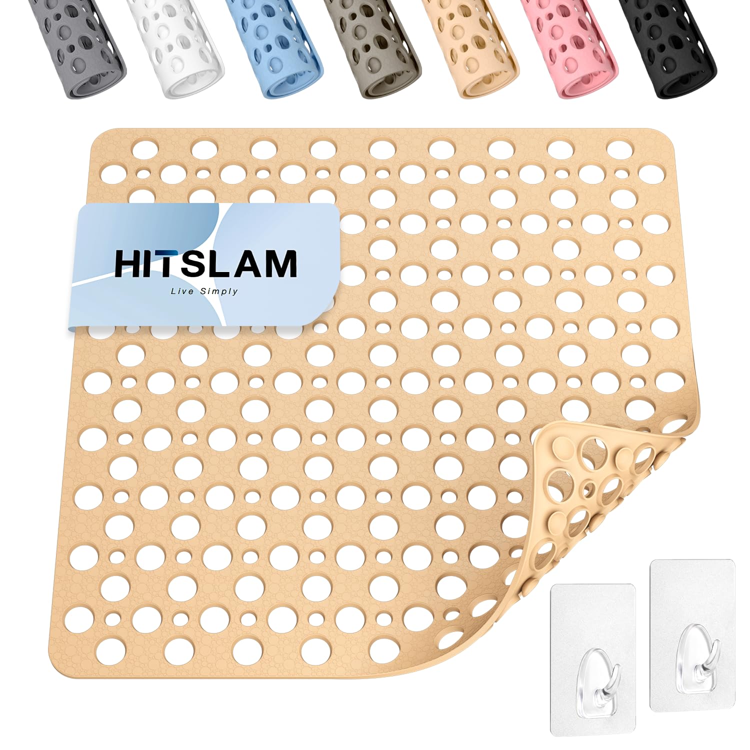 HITSLAM Shower Mat Non Slip, 21x21 Inch TPE Bath Mat, 2 Hooks, Orange