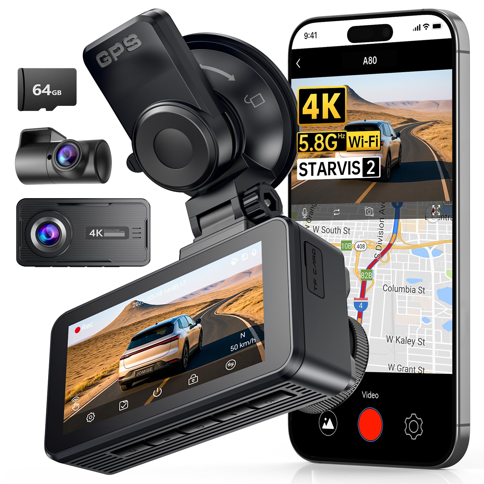 Dash Cam Front and Rear 4K FHD Dual Dash Camera for Cars Built-in 5G WiFi GPS 64GB Card