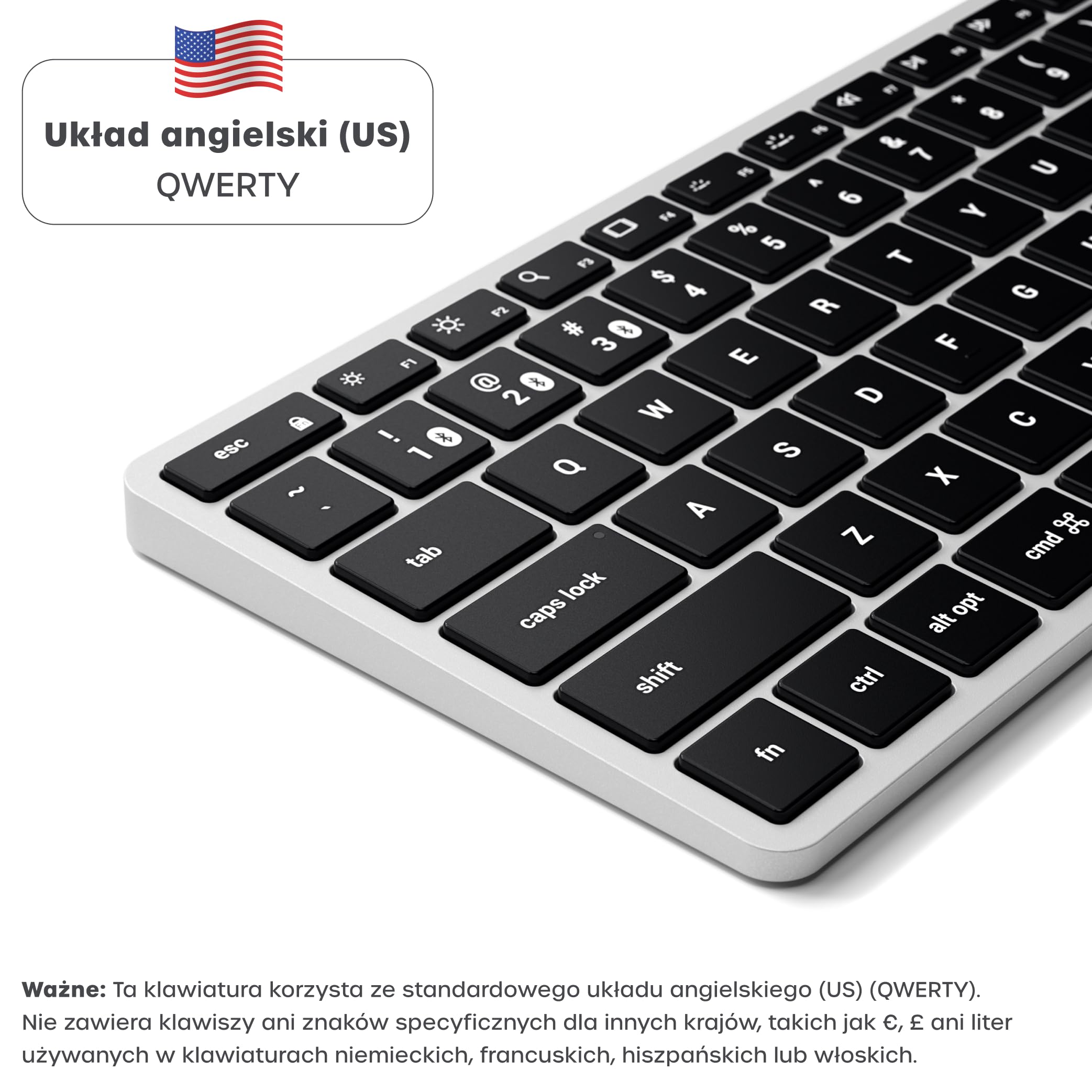 SATECHI klawiatura Bluetooth Slim X1, amerykański układ QWERTY, srebrna | Obsługa wielu urządzeń, aluminiowa obudowa, podświetlane klawisze i ładowanie przez USB-C