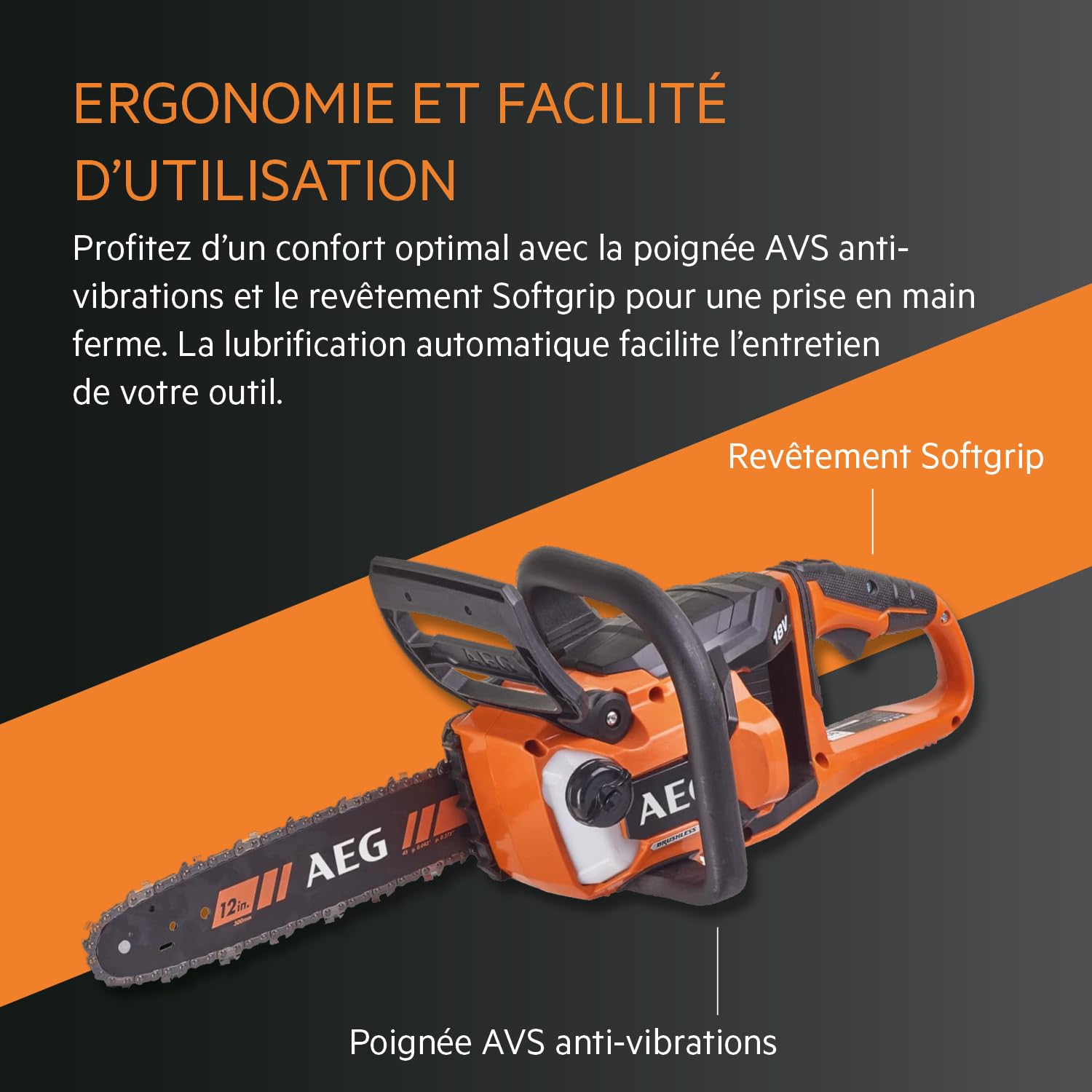 AEG - 4935471337 Tronçonneuse sans fil (18 V, frein de chaîne, poignée latérale AVS, système de lubrification automatique, longueur de lame 30 cm) ACS18B30