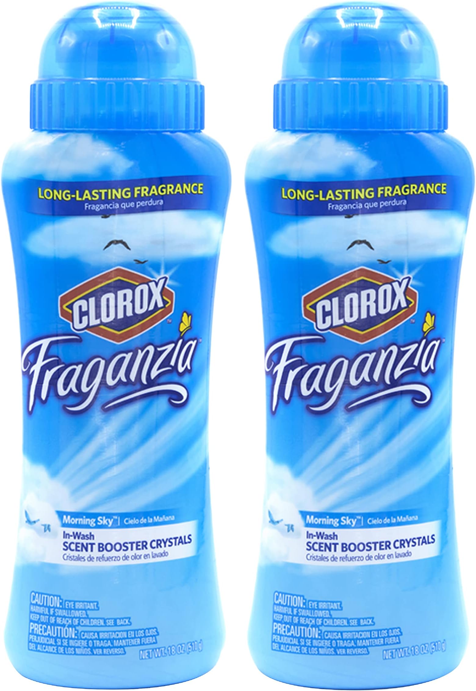 Clorox Fraganzia Laundry Scent Booster Crystals, In-Wash Fragrance Beads for Fresh-Smelling Clothes & Linens, Safe for All Fabrics & Colors, Easy-Pour Bottle, Morning Sky Scent, 18 Oz, 2 Pack
