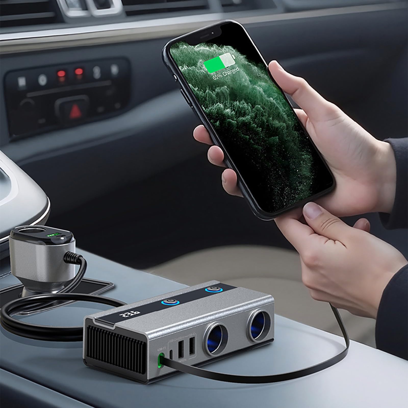 Adaptador de carga de coche 9 en 1 de alta potencia de 120 W con cable USB C retráctil, múltiples puertos para carga rápida PD65 W en Vehi