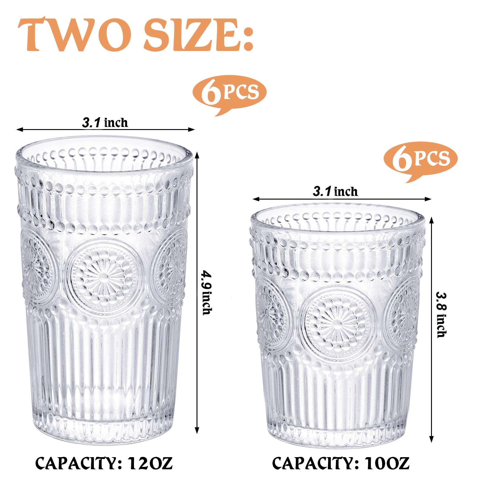 Lot de 12 verres vintage texturés en relief – 6 verres Highball de 355 ml et 6 verres à pierres de 295 ml – Tasses à cocktail romantiques pour eau glacée, jus, thé, boisson, café – Transparent
