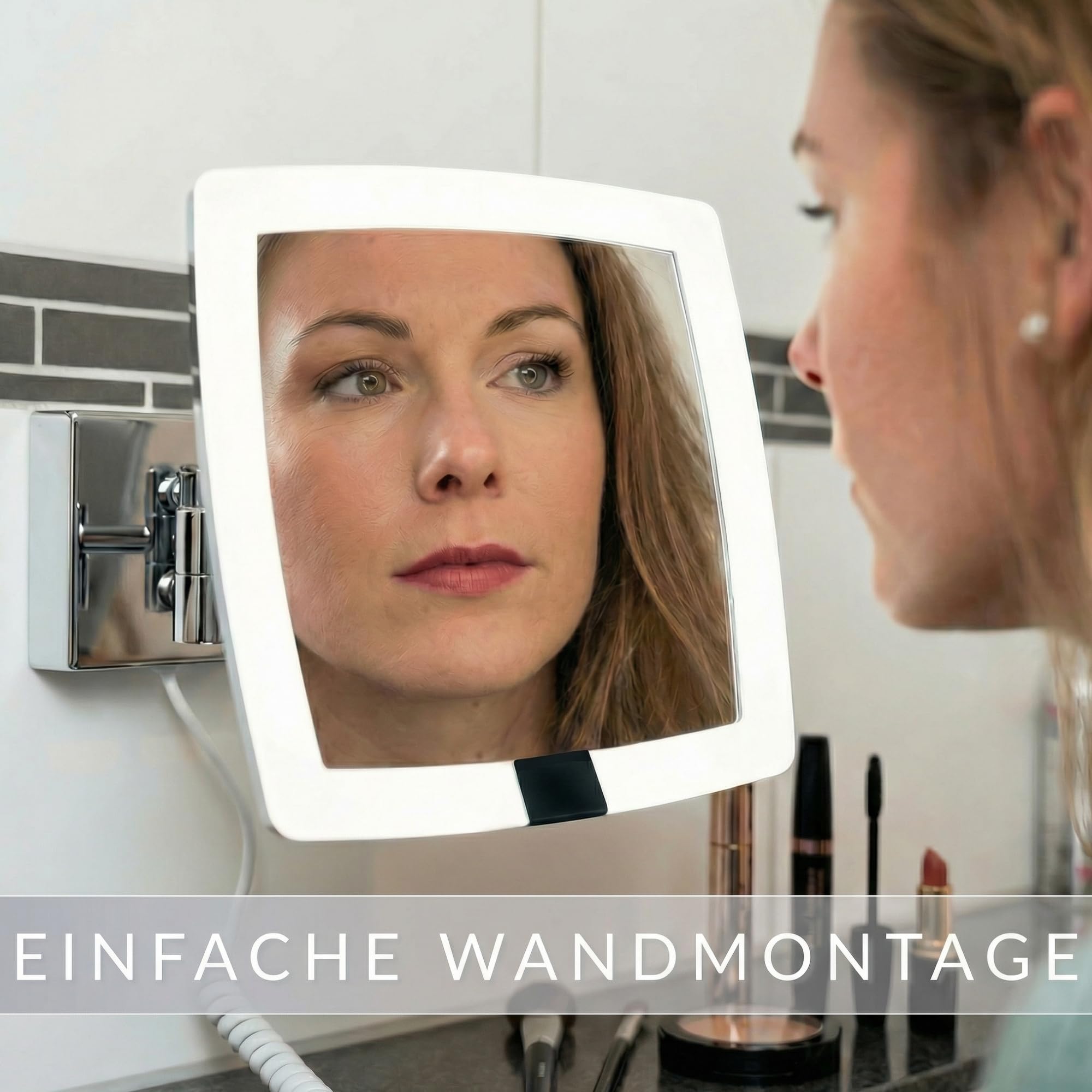 LED Kosmetikspiegel Verona – eckiger 5-facher Vergrößerungsspiegel mit Sensor & Wandmontage – Schminkspiegel mit automatischer LED-Beleuchtung, ausziehbarem Gelenkarm & weißem Kabel