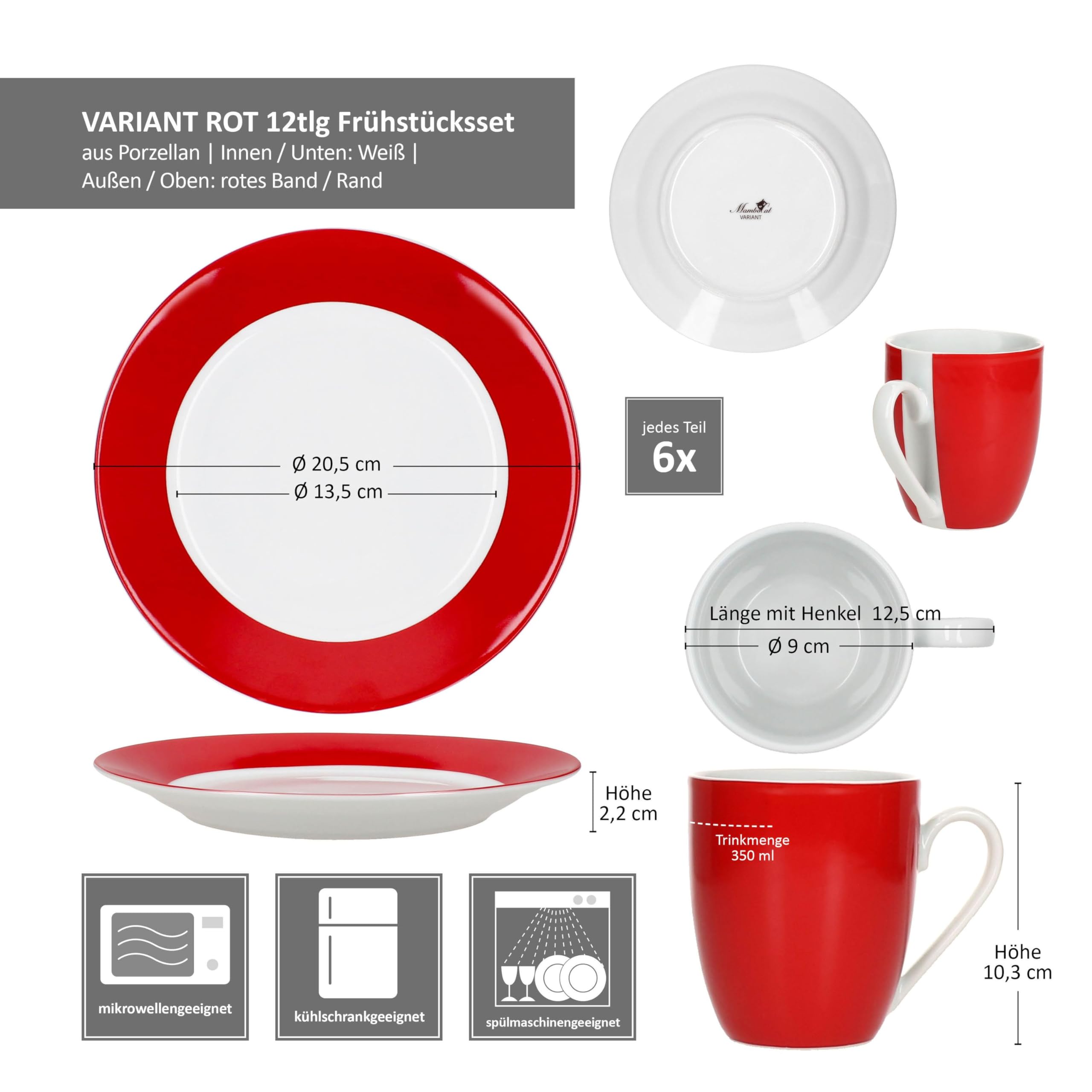 MamboCat Variant Rot 12tlg Frühstücksset I Je 6X kleine Teller & Kaffeebecher 350ml, Höhe 10,3cm für 6 Personen I Tasse, Kuchenteller I Porzellan-Geschirr für Frühstücks- & Kaffeezeit