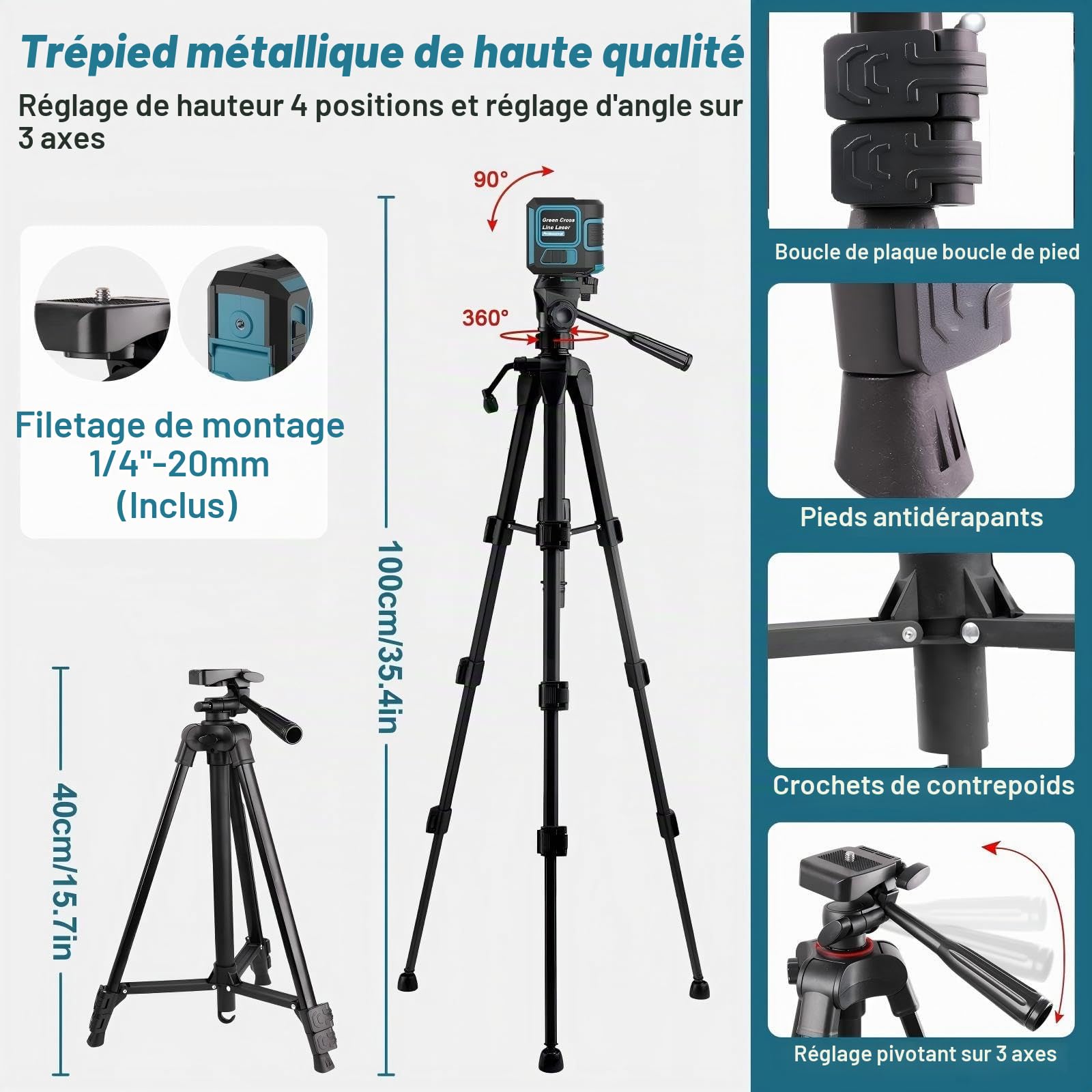 Niveau Laser avec Trepied, Niveau Laser 360 Autonivelant, Étanchéité IP54/Luminosité Réglable,Laser Chantier adapté Aux Chantiers de Construction/à la Décoration Intérieure (avec 2 Piles AA)
