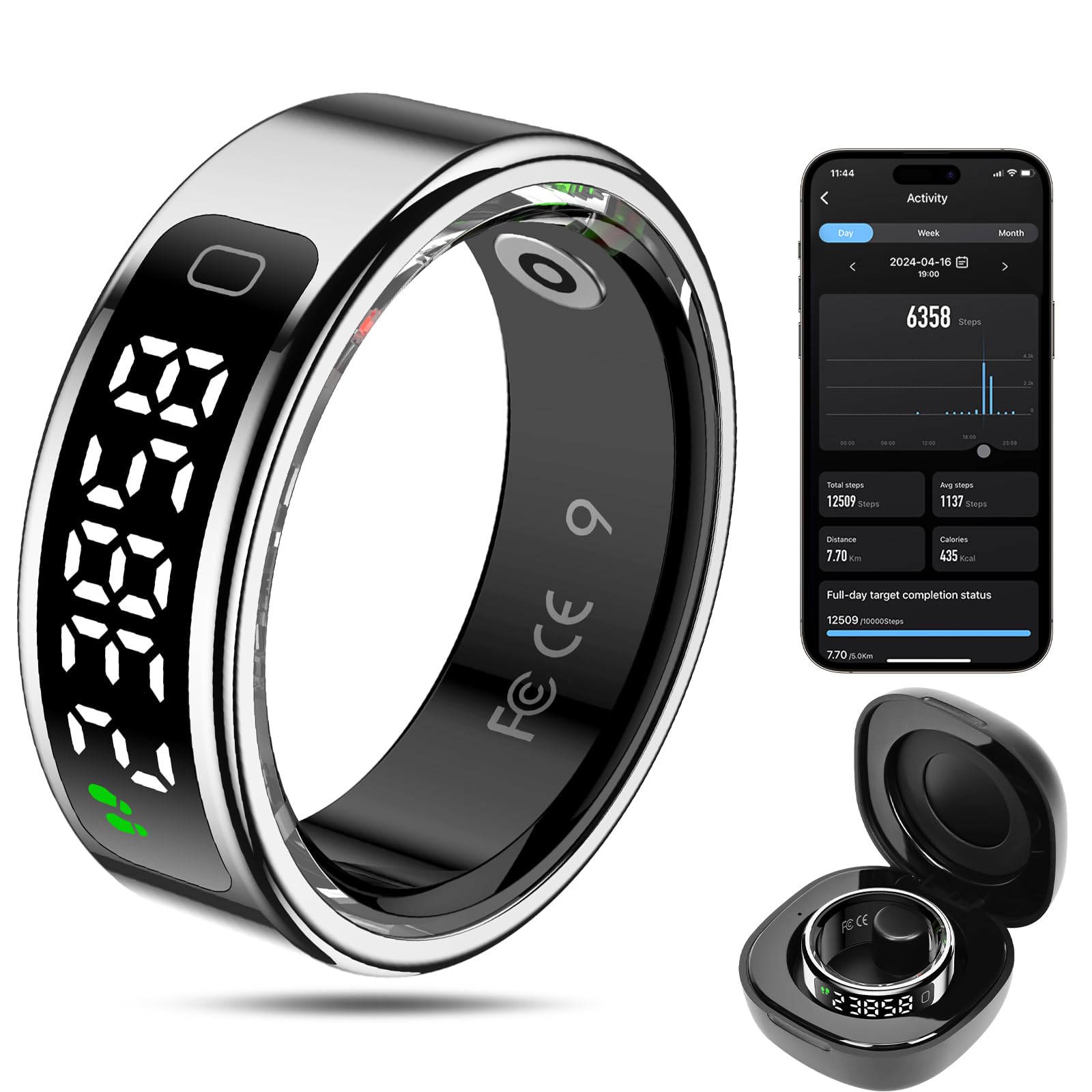 Smart Ring Health Tracker for Men/Women,Fitness Ring Sleep Tracker with LED Display Sreeen,Fast Charging,Health and Sleep Monitoring,Motion Tracking,Female Cycle,Waterproof (Silver, 12)-image-41