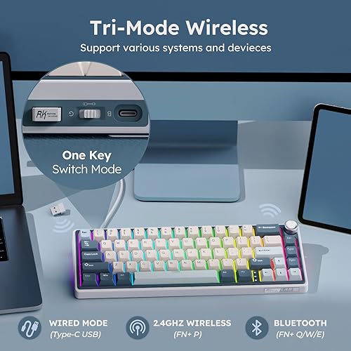 Miniatura 3 de RK ROYAL KLUDGE R65 Teclado mecánico inalámbrico con perilla de volumen, trimodo 2.4GUSB-CBT montado en junta teclado para juegos al 60% con 66