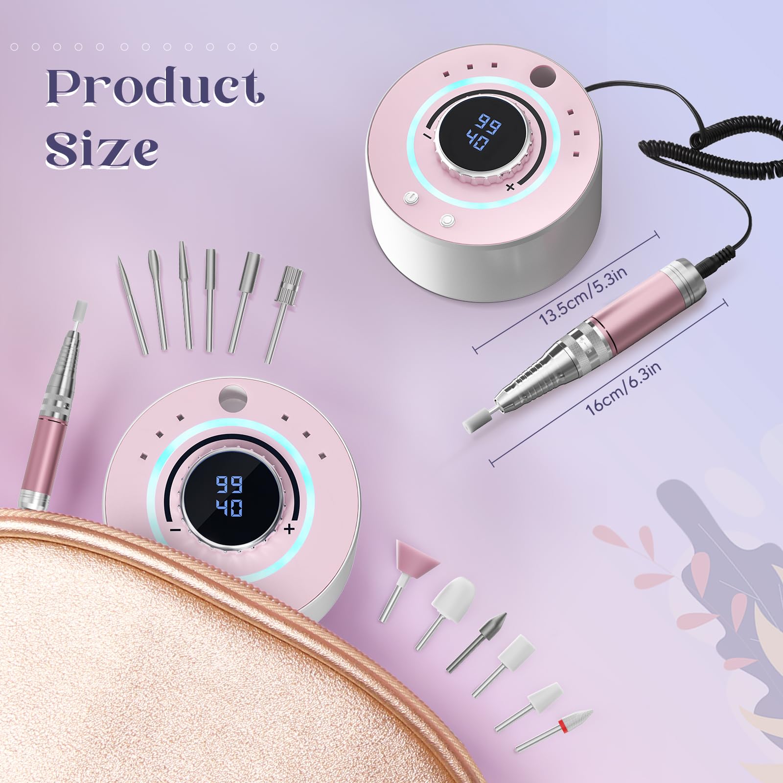 Fresa per Unghie Professionale 36000 RPM, Fresa Per Unghie Con 12 Testine Di Levigatura, Display LCD Ricaricabile Batteria Design, per Manicure e Pedicure Rimozione Smalto Calli e Duroni (Rosa)