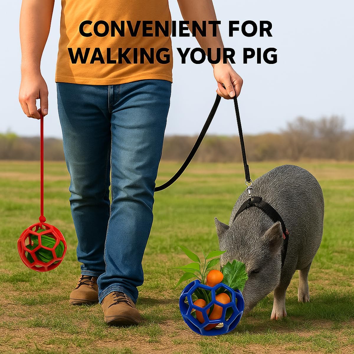 2Pcs Pig Enrichment Toys, Treat Ball Toy for Mini Pigs and Farm, Hanging Chew Ball Enrichment Toy with Rope for Pigs to Play with