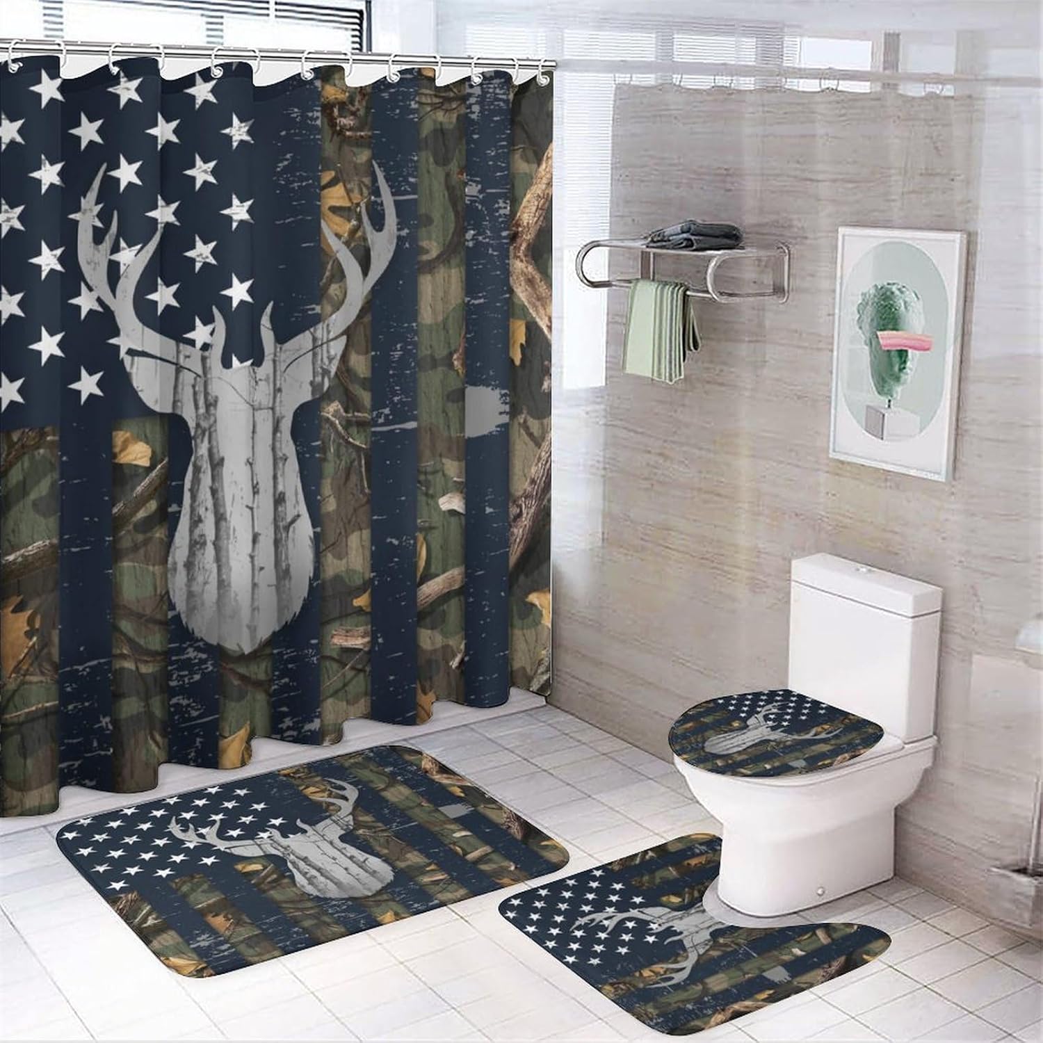 Cabin Camo American Flag Deer Shower Curtain Sets 4 Piece