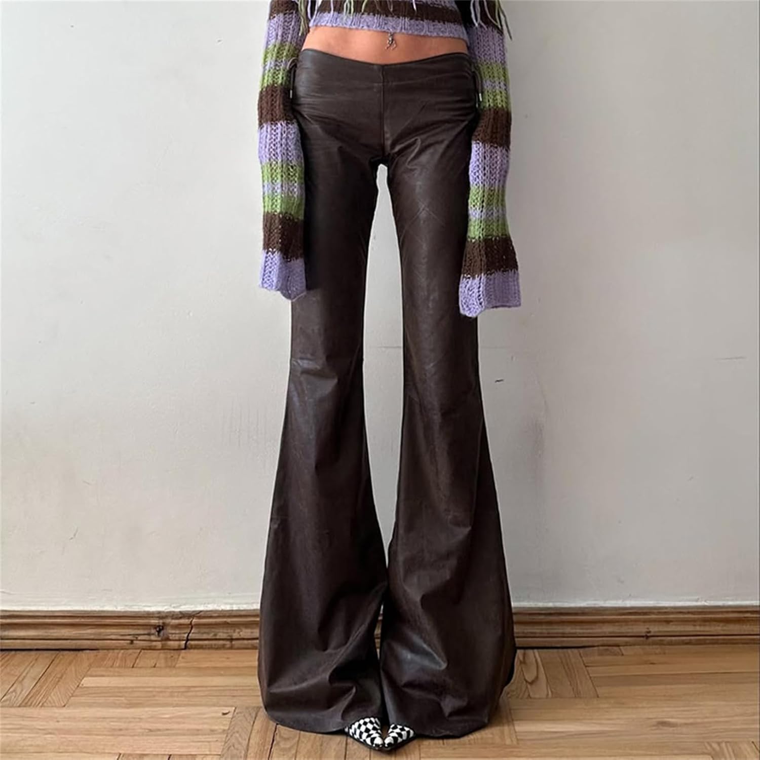 HeiBai Xiong Women Punk Faux Leather Bell Bottom Pants - 70s Low Waisted Flare Goth Style for Going Out and Travel