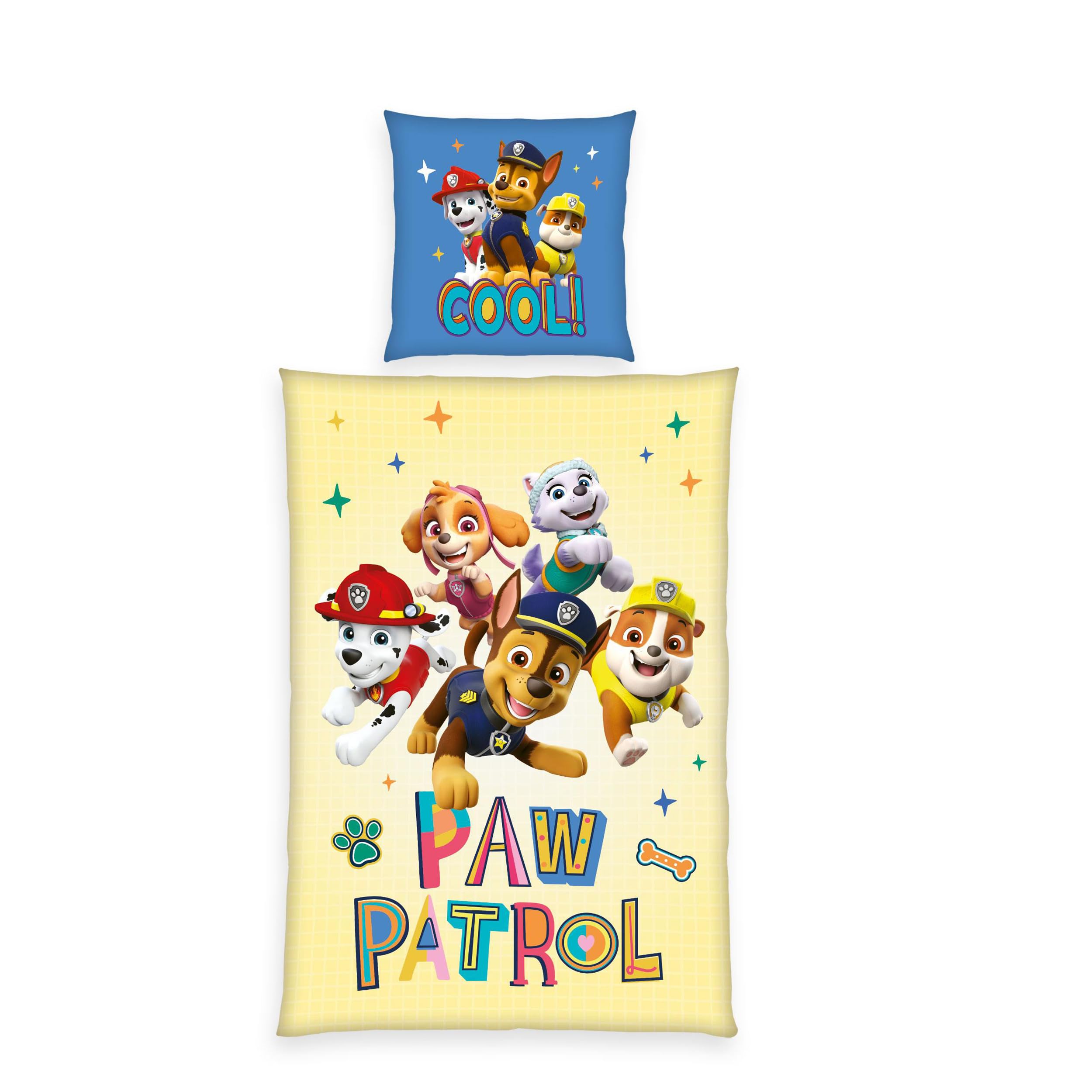 Herding Paw Patrol Bed Linen Set, Pillowcase 80 x 80 cm with Zip and Reversible Motif, Duvet Cover 135 x 200 cm, with Zip, 100% Cotton/Renforcé