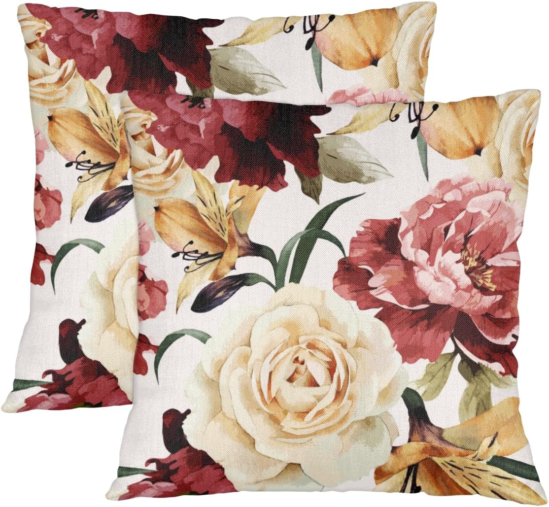 Rose Print Throw Pillow Covers Set of 2 20x20 Inch Decorative Square Cushion Case Modern Farmhouse Pillowcase for Couch Sofa Bed Car Living Room Home Decor