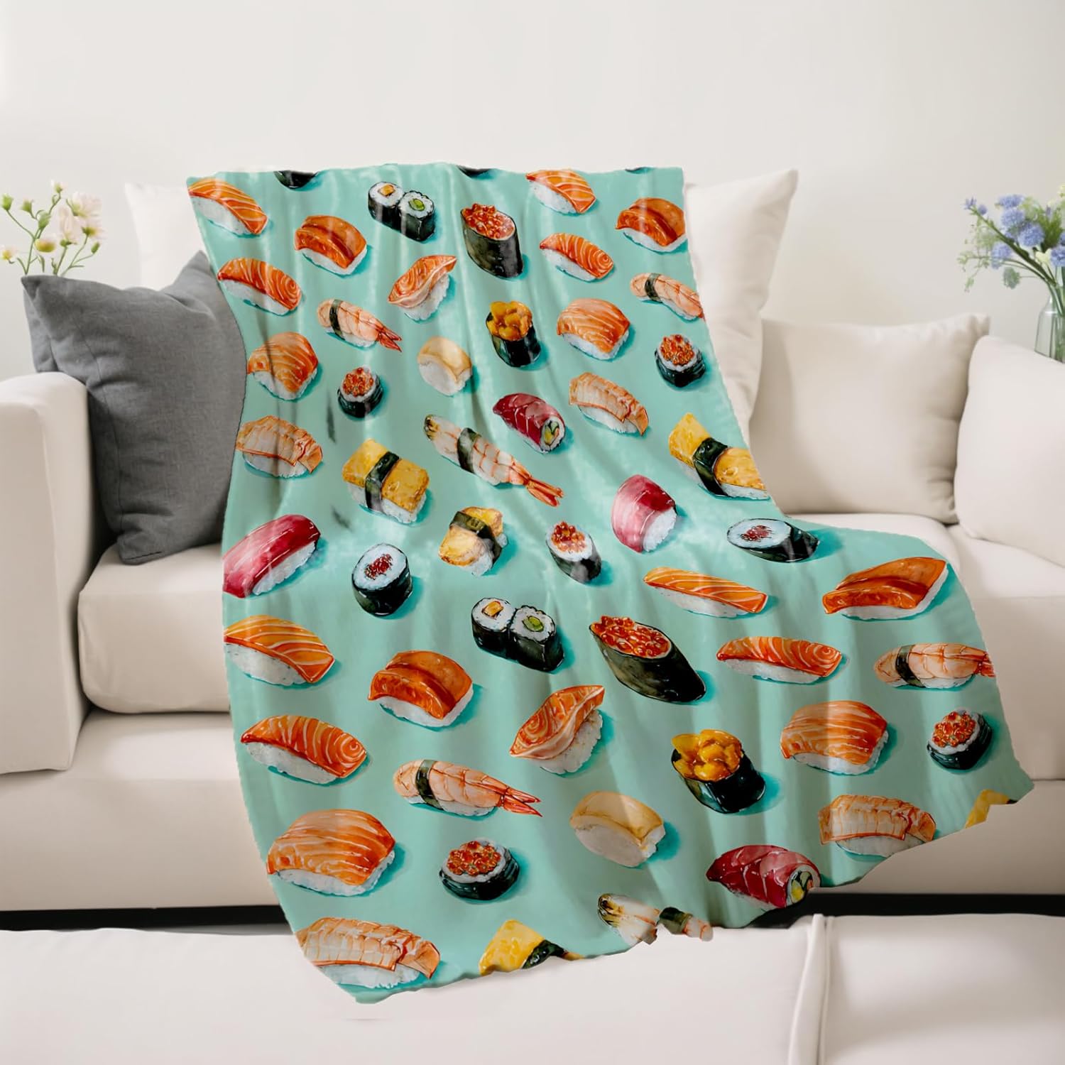 Sushi Pattern Throw Blanket Gifts for Women Girls Kids Adults, 50x60 in, Flannel Blankets for Bedroom, Camping, Couch, Room Decor, Fuzzy Warm Cozy Soft - Image 2