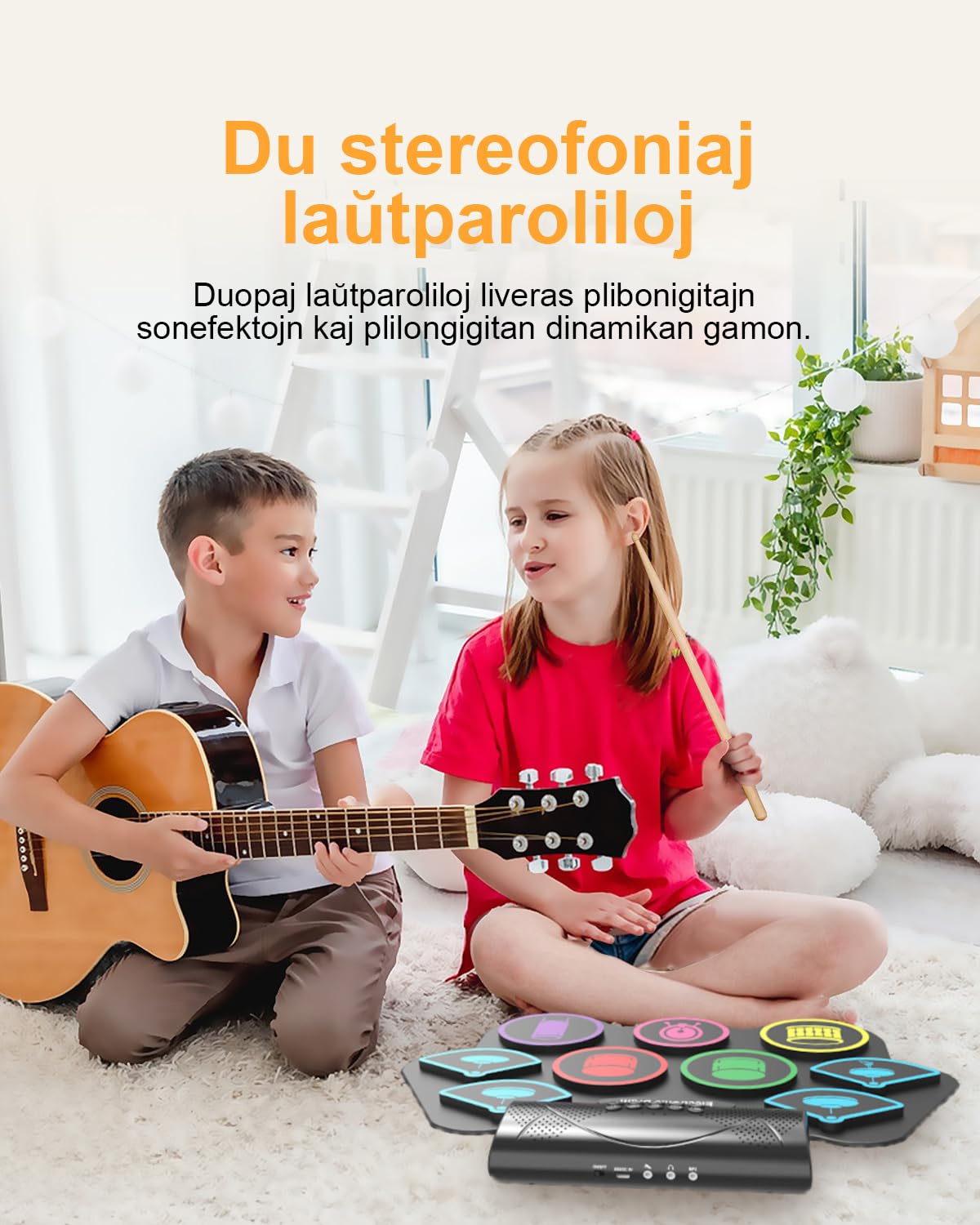 Batterie électronique pour enfants, 9 pads Roll-Up Drum avec MIDI Bluetooth, kit de pads de batterie d'entraînement pour enfants débutants avec haut-parleur stéréo intégré, baguettes de batterie