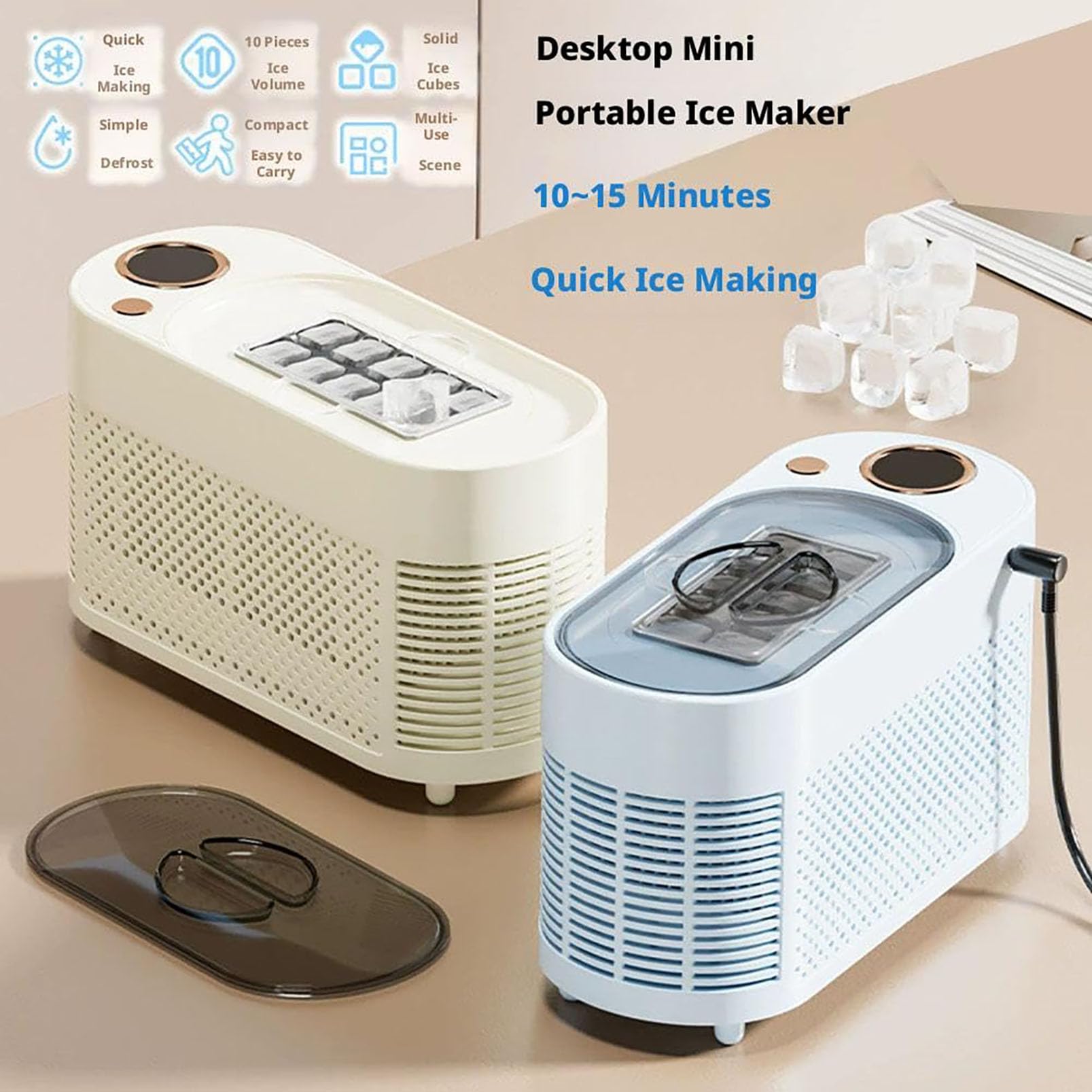 Mini Máquina Para Hacer Cubitos, Máquina Para Hacer Hielo Portátil, Fabricación de Hielo Rápida de Doble Potencia, Compatibilidad con Automóvil de 12 V, 8 Cubitos de Hielo en 10 Minutos Para el blue