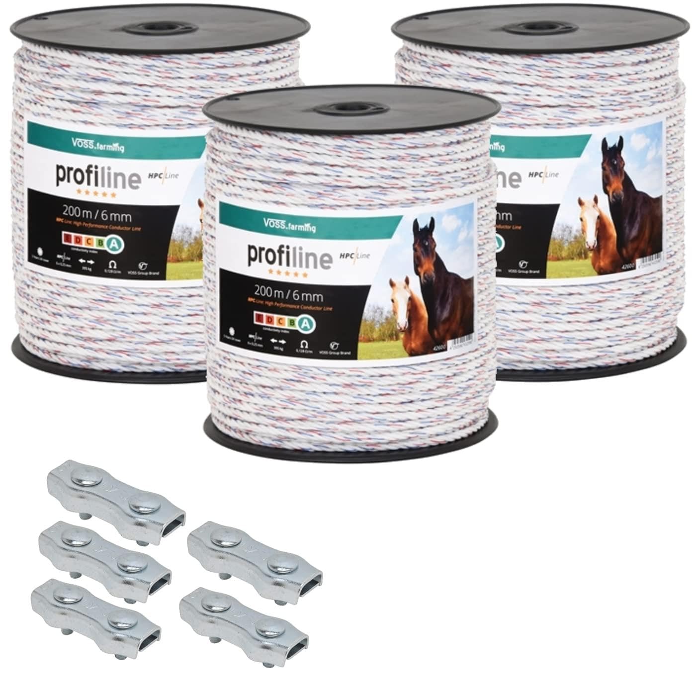 VOSS.farming Set recinzioni elettriche : 3 Corde 200 m Ø 6 mm, Fili conduttori 6x0,25 HPC®, 5 connettori e 1 Cartello di Pericolo
