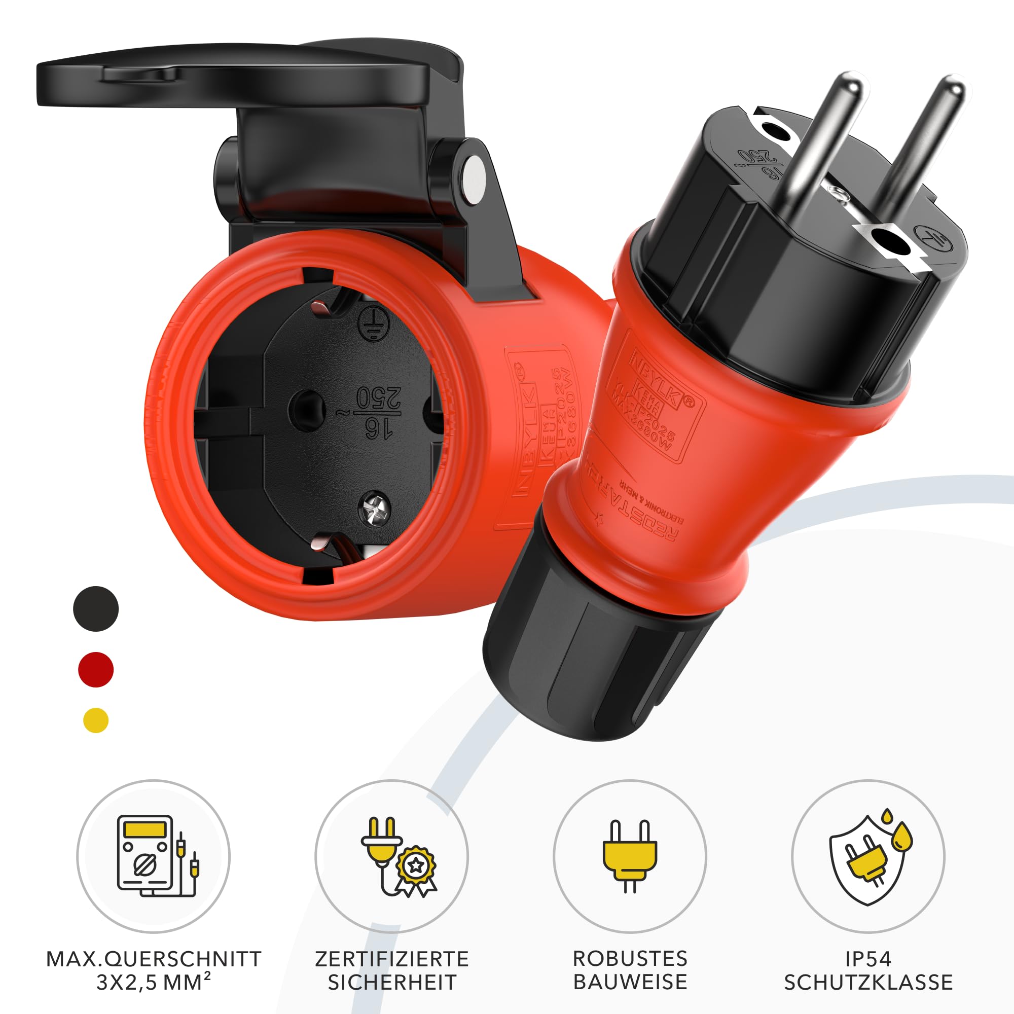 Set di spine e giunti in gomma Schuko / presa IP54 | Prolunga | gomma e plastica | per esterni / esterni | chiusura ermetica con sigillo, azionamento a una mano (Set, IP54)