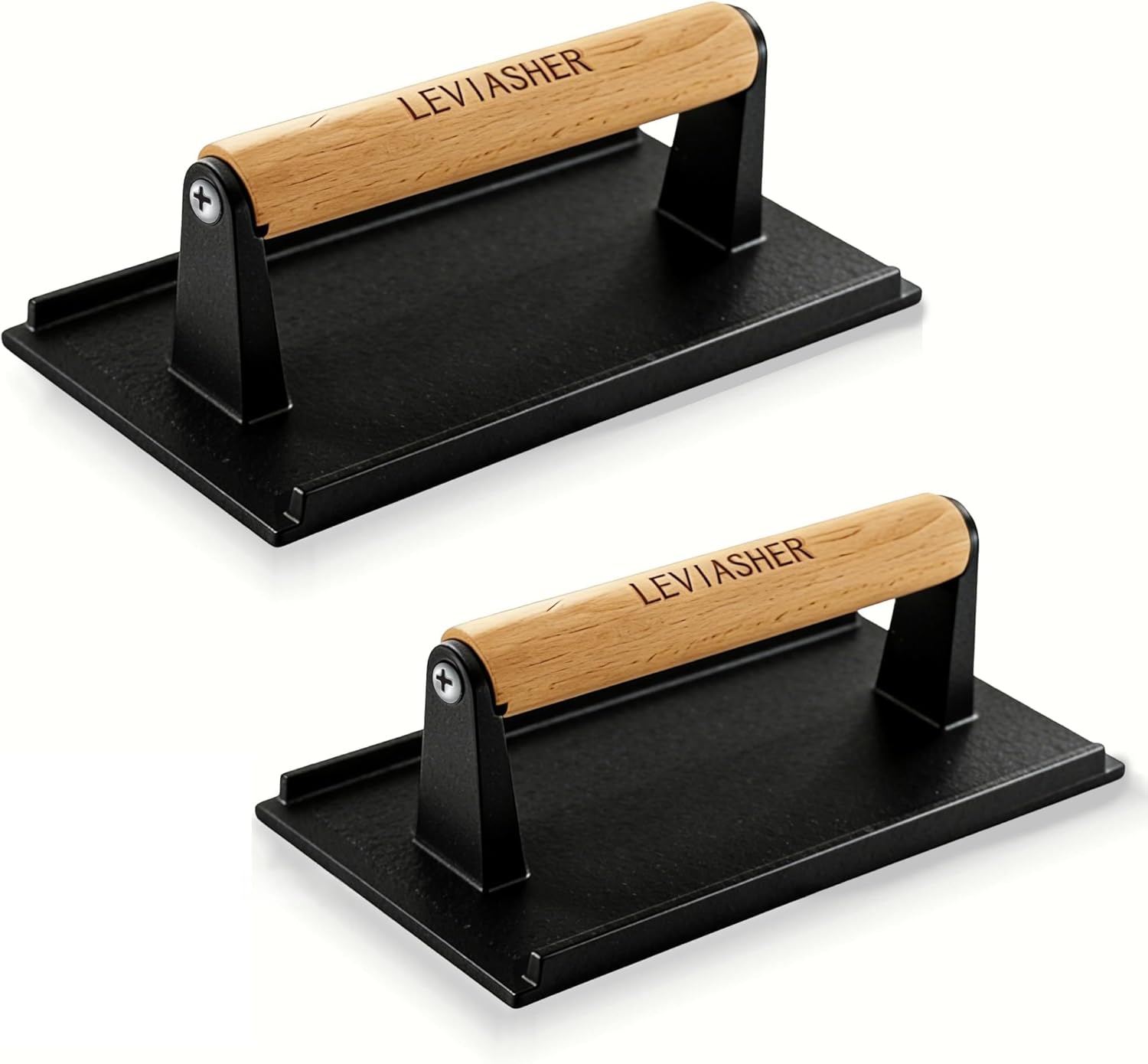 2.2 lb Handheld Heavy Duty Cast Iron Grill Press, 7.8X3.9 inch Rectangle Burger Press with Wood Handle for Blackstone, Griddle, Chef, Camp, Panini, Vegetable, Bacon, Sandwich, BBQ, 2 Pack