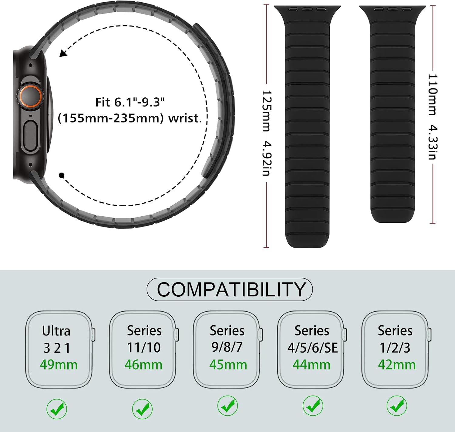 Magnetic Silicone Bands Compatible with Apple Watch 49mm 46mm 45mm 44mm 42mm, Sport Wristband for Men Women Compatible with iWatch Ultra3 2 1 SE Series 11 10 9 8 7 6 5 4 3, Black-Grey image 3