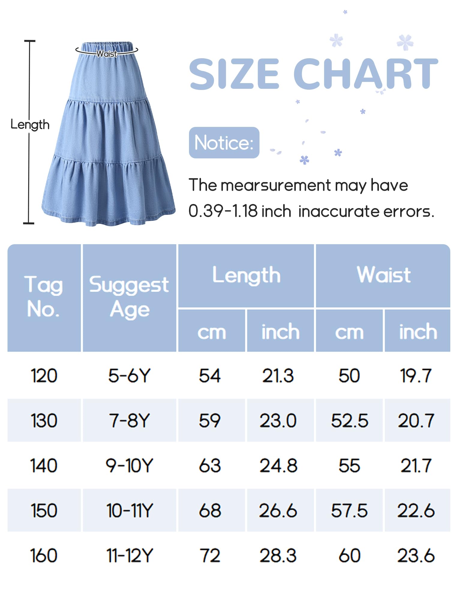 Gonna in denim elastica a vita alta con pieghe a balze a balze lunga swing maxi gonna di jeans vintage per bambini
