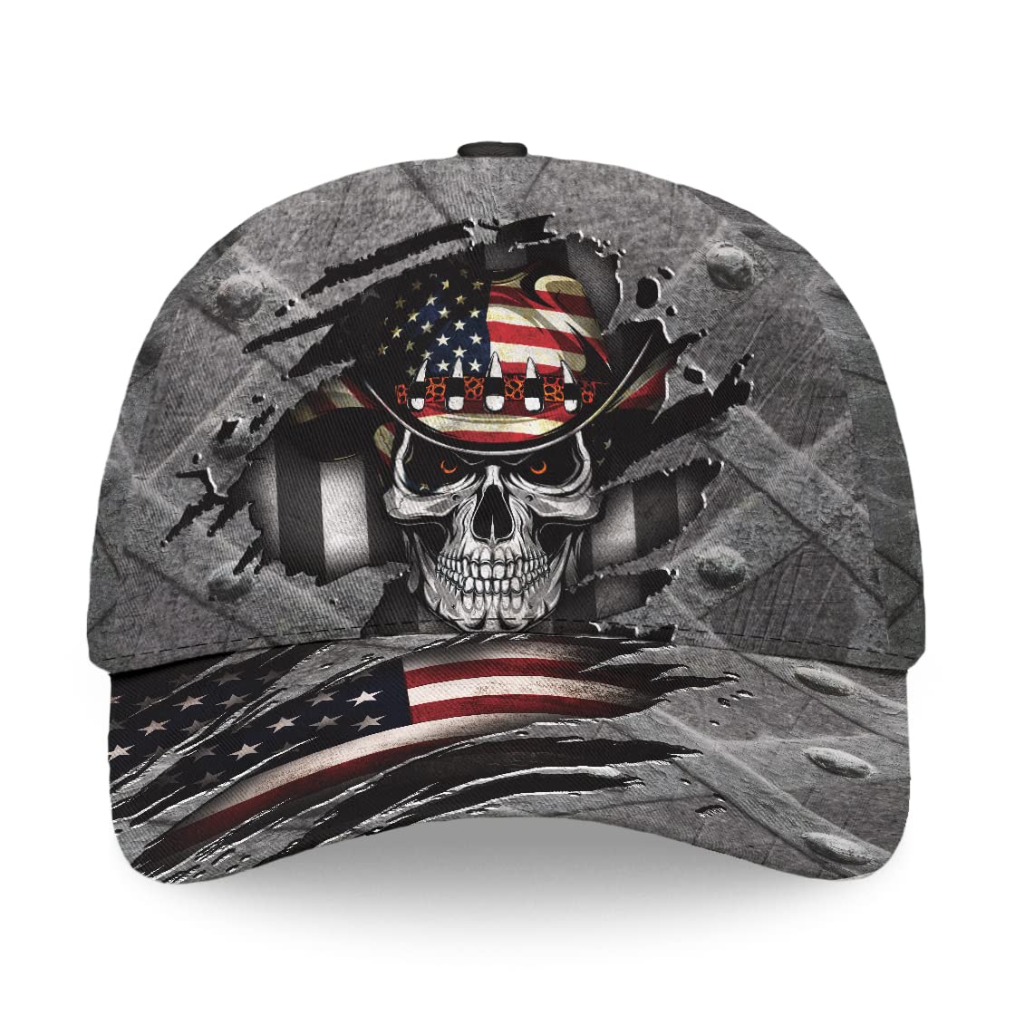 Skull Baseball Cap for Men, Grim Reaper Death Crack Old Metal with Flag, Men's Hat, Adjustable Motorcycle Soft Caps