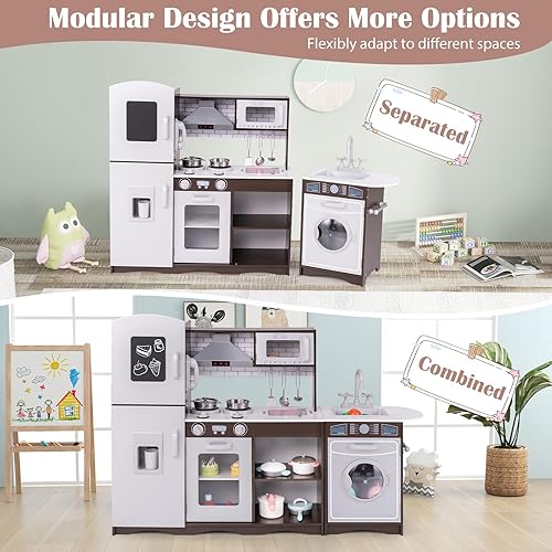 Miniatura 3 de HONEY JOY Juego de cocina para niños, cocina modular de madera de 2 piezas para niños pequeños y lavadora con fregadero, campana extractora