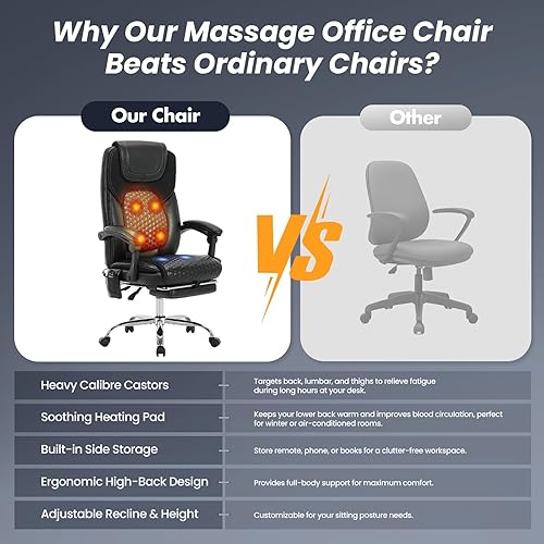Miniatura 6 de Silla de oficina de masaje con calor y reposapiés, silla de escritorio reclinable, silla de computadora de cuero grande y alta con ruedas, silla de