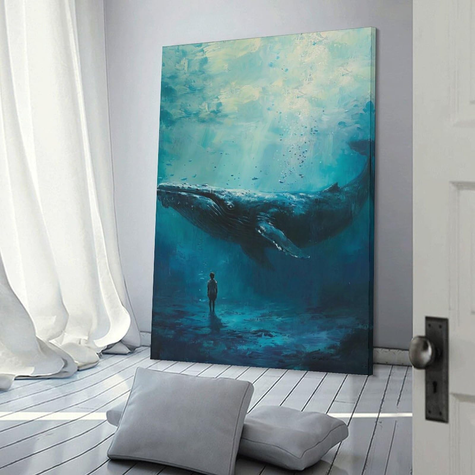 Junmoney Canvas Art Print Whale Whispers Boy Dreams, 24x36inch(60x90cm), for Office, Study Or Home Workspace, Decorative Artwork for Productive Spaces