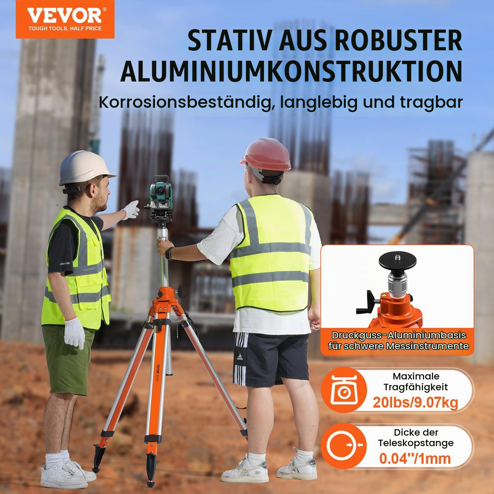 VEVOR Baustativ, 5/8"-11-Gewindehalterung, höhenverstellbar 1145-2905 mm, robustes Vermessungsstativ, mit Wasserwaage und Diffusionsbegrenzer, rutschfeste Füße, für Laser & Nivelliergeräte