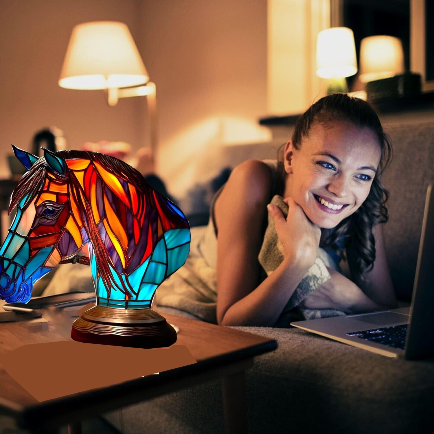 Dieren Tafellamp Serie Glas in lood Tafellamp LED Magic Animal Ornamenten Glas in lood Wolf Leeuw Draak Uil Bedlampje Retro Hars Nachtlampje voor Woonkamer Slaapkamer Woondecoratie (Draak