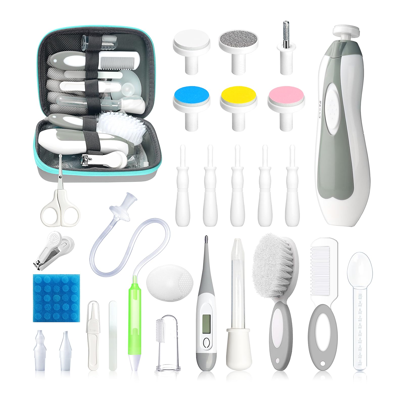 Baby Healthcare and Grooming Kit, 28 in 1 Portable Baby Essentials Kit Electric Nail Trimmer Set with Gas Relief Hair Brush Comb Nasal Aspirator for