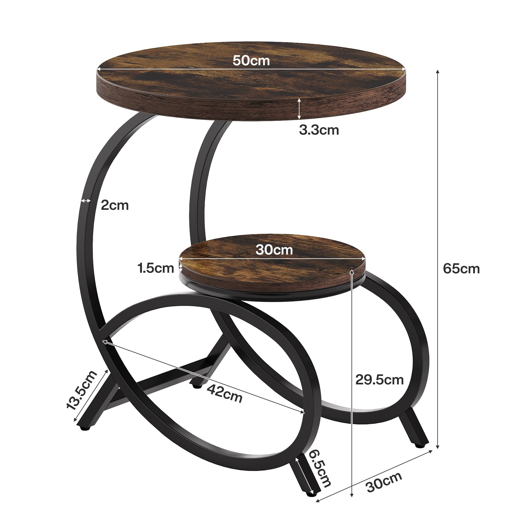 Tribesigns C-förmiger Beistelltisch mit 2 Ablagen, Runder Sofatisch aus Holz und Metall, Nachttisch im Industrial Design für Wohnzimmer, Schlafzimmer und kleine Räume, Rustikal Braun