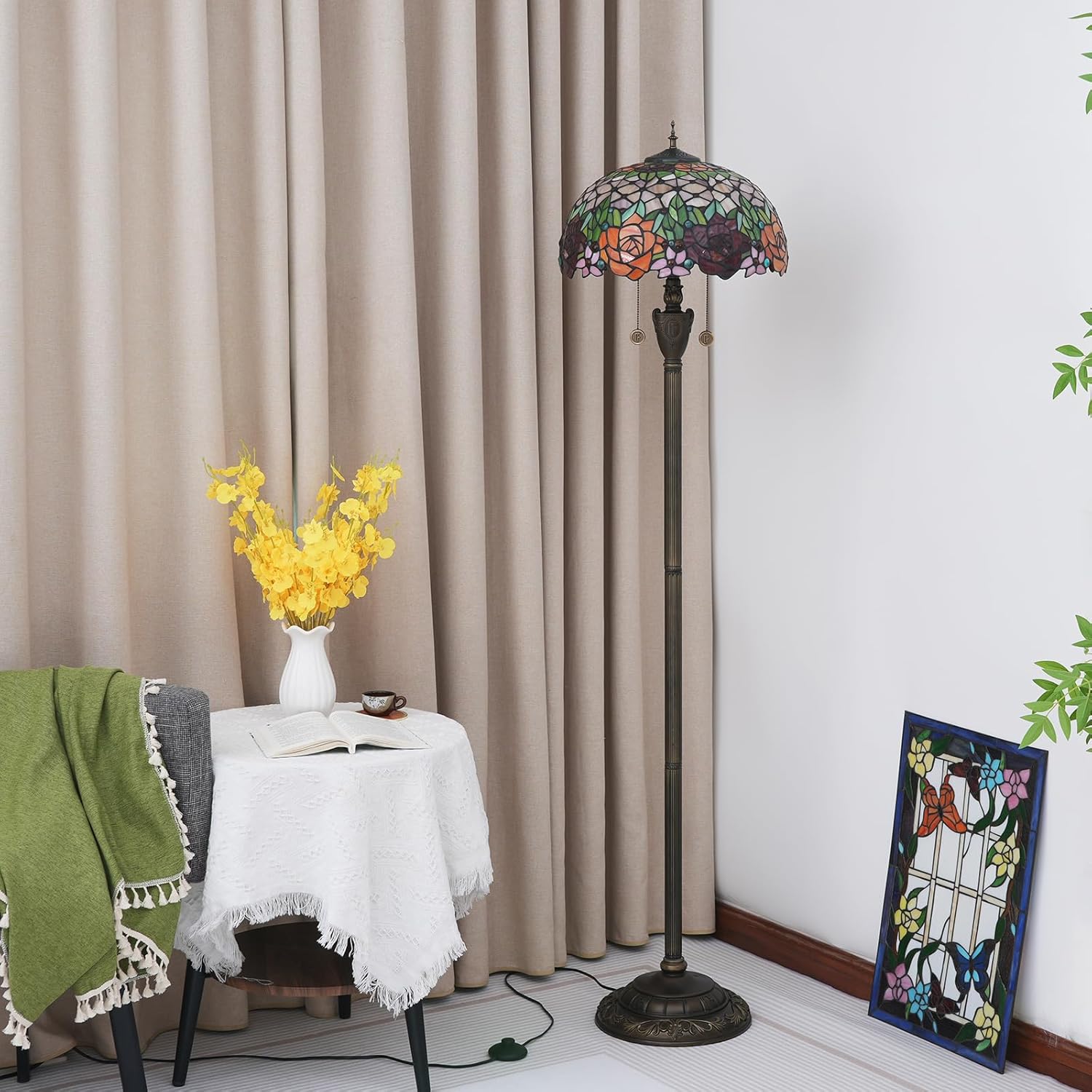 Tiffany Floor Lamp Rose Flower Stained Glass Standing Reading Light 16 Inches Antique Pole Corner Lamp Decor Bedroom Living Room Home Office