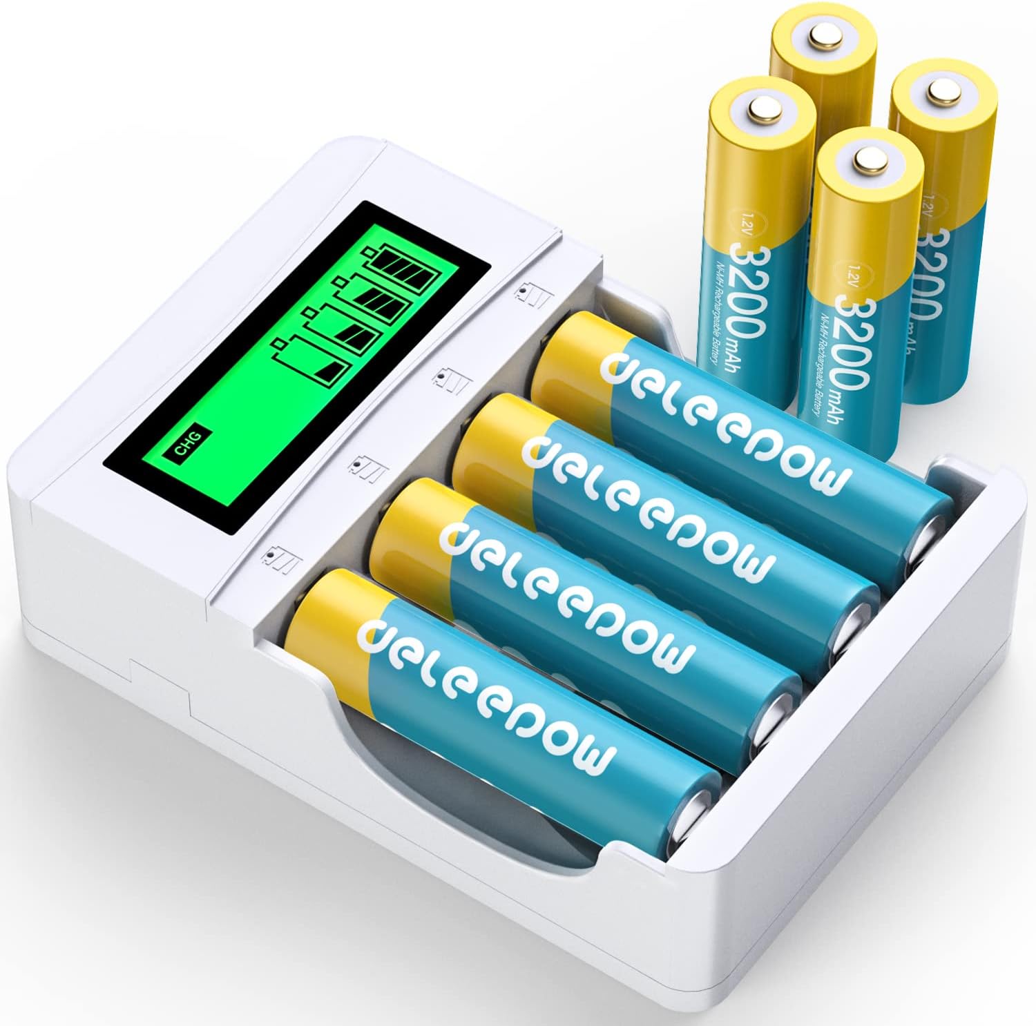 Deleepow AA Rechargeable Batteries 3200mAh Nimh AA Rechargeable Batteries 1.2V 1200 Cycle with LCD Charger Highly Conductive Gold-Plated Anode