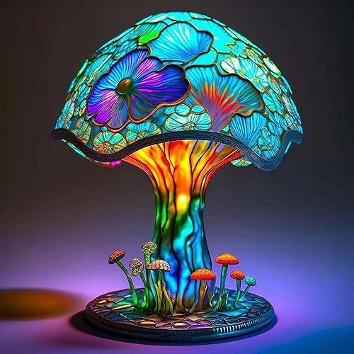 Lámpara de mesa vintage de hongos, serie de plantas de resina de 7.9 pulgadas, multicolor, estilo retro, dormitorio, sala de estar, hogar, oficina,