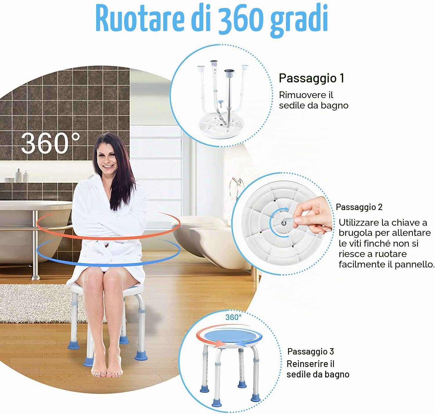 UISEBRT Sgabello da doccia girevole a 360°, regolabile in altezza, per doccia e bagno, antiscivolo, con ventosa, manico per vasca da bagno (sedia + maniglia)
