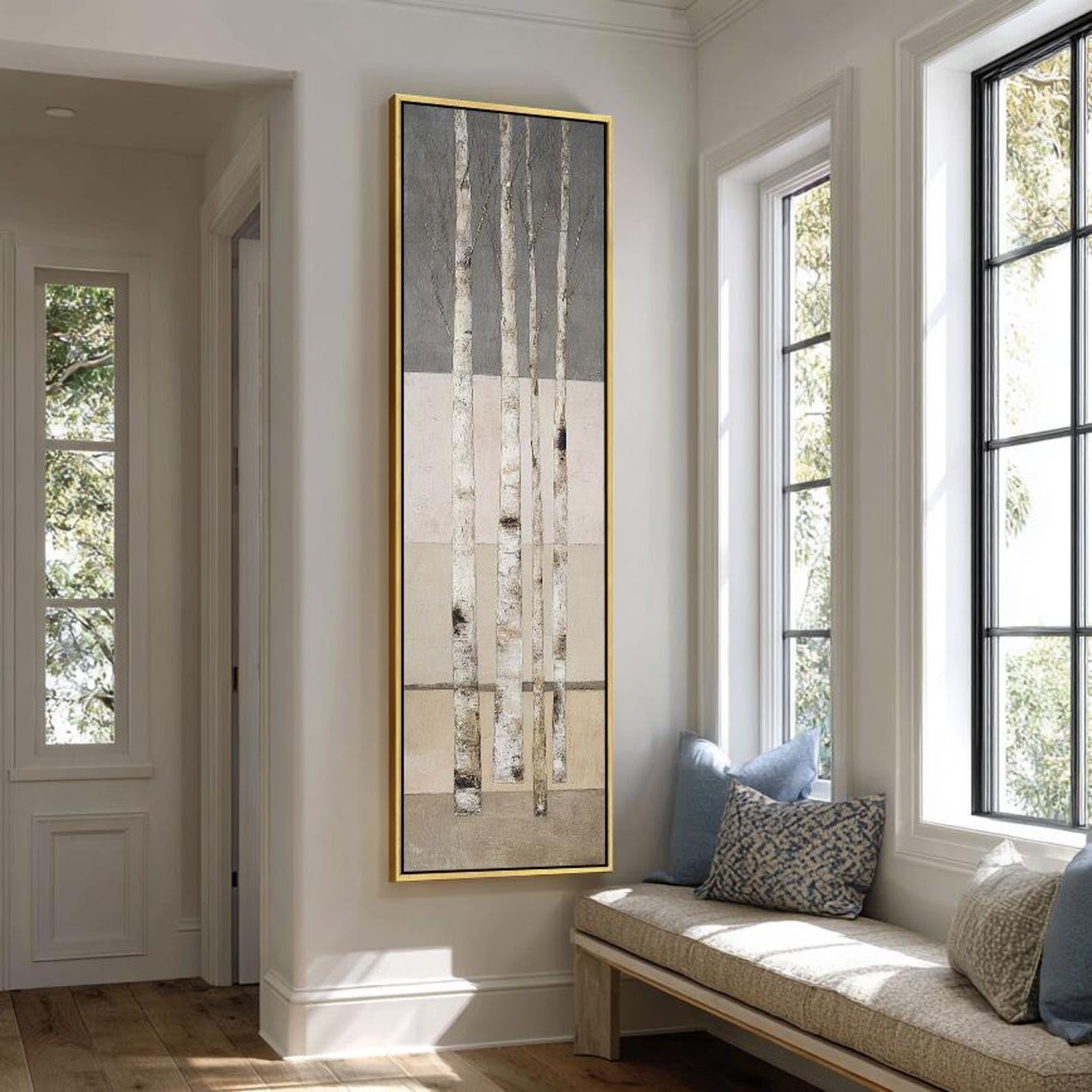 Wysoki, wąski obraz ścienny do przedpokoju / korytarza - pionowe drzewa, płótno brzozowe, naturalna wydłużona, cienka dekoracja (20 x 60 cm / rama wewnętrzna)