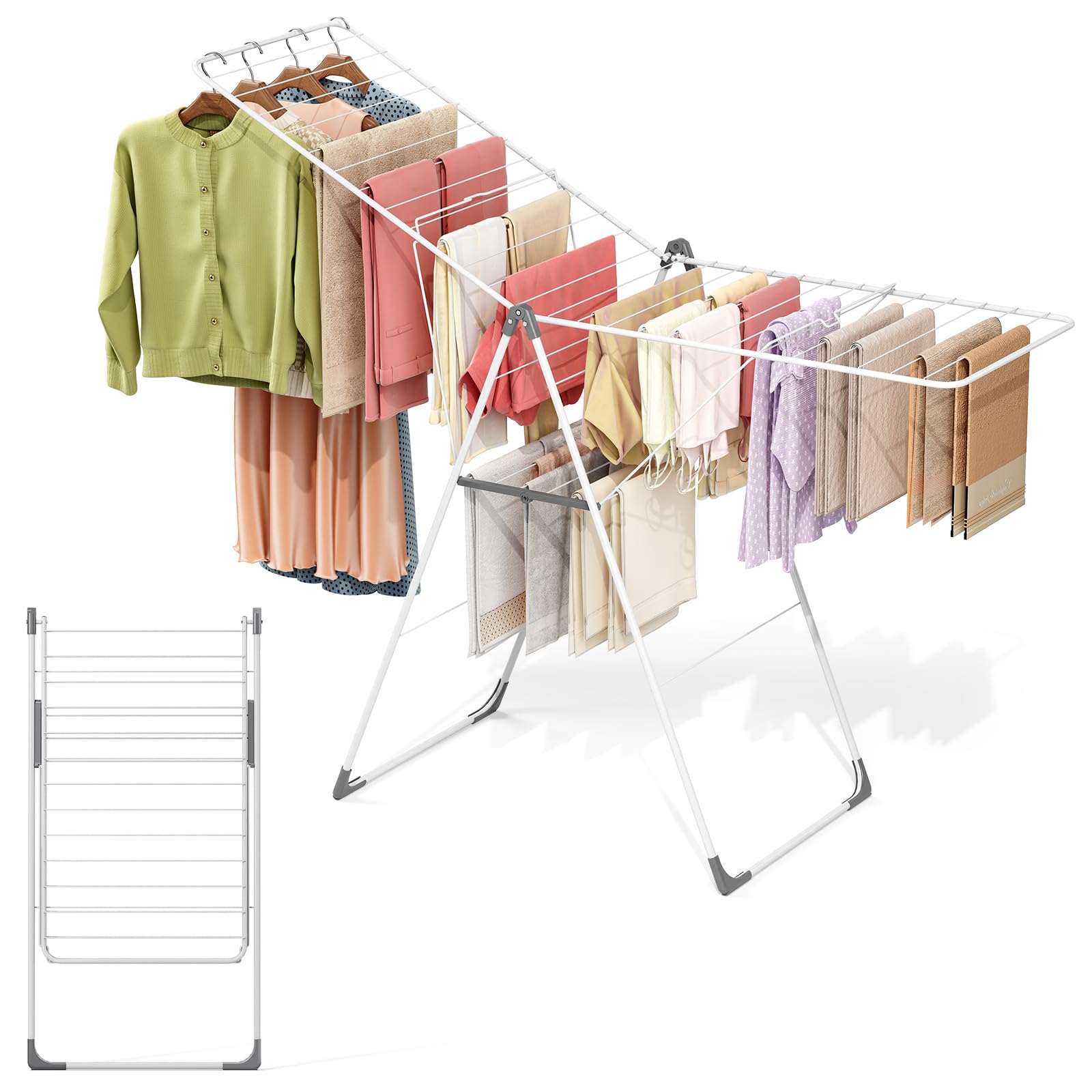 APEXCHASER Clothes Drying Rack Foldable Oversized Drying Rack Clothing with L-Shaped Foot Cover Height-Adjustable Multi-Bar Laundry Rack Indoor
