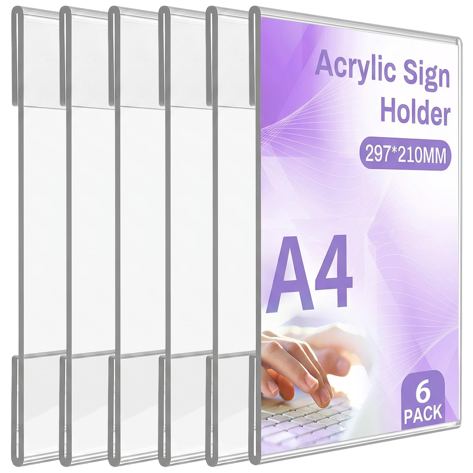 A4 Acrylic Frames, Self-Adhesive Wall Sign Holders, Clear Display, 6 Pack