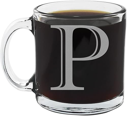 Spotted Dog Company Taza de café de vidrio transparente con monograma grabado de 12 onzas (letra P), regalos de café personalizados de la A a la Z,