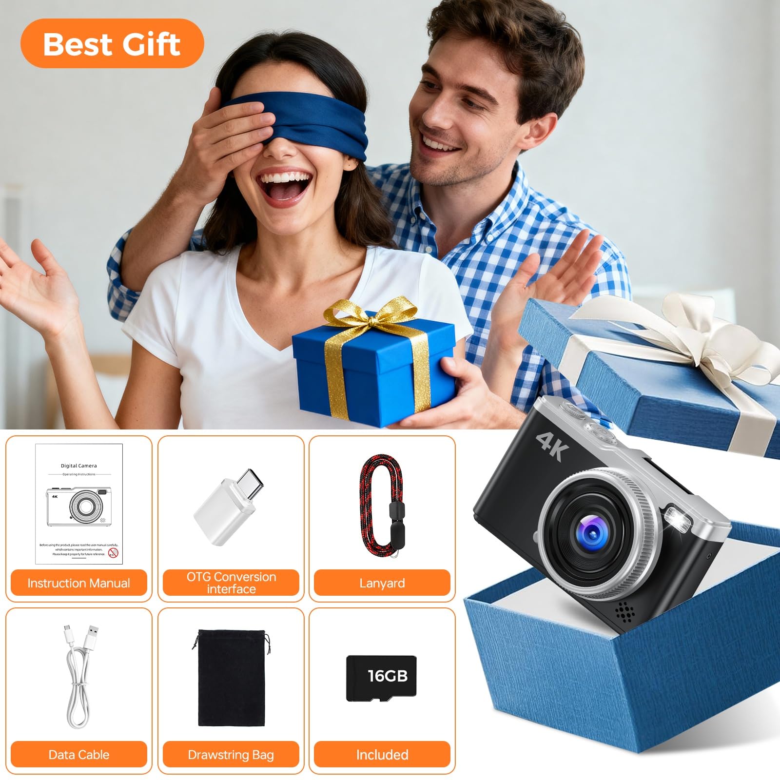 Appareil Photo Numérique 4K Digital - Maxmango 64MP Appareils Numérique avec Écran Rabattable 180° - 2.4" Camera pour Vlog avec Carte 16GB - pour Débutants, Adolescents, Vlogging - Noir