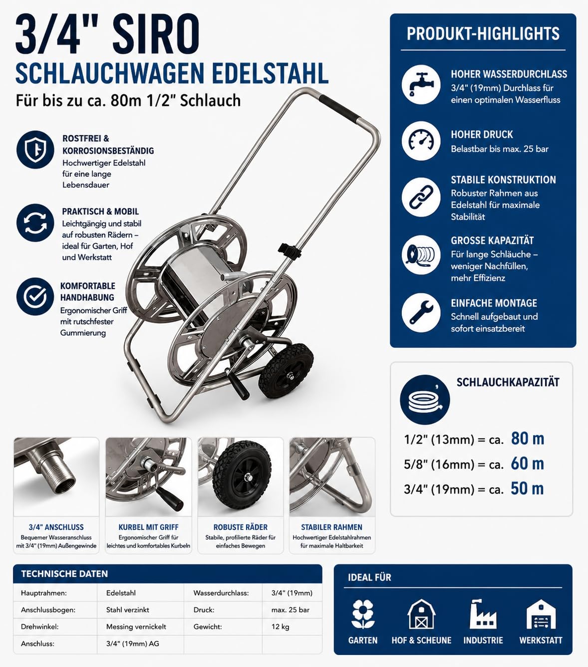 Sirocco SIRO Edelstahl Schlauchwagen, 3/4 Zoll Anschluss, Gartenschlauchwagen, Edelstahl/Messing/Verzinkter Stahl, für Schläuche bis 80m, Maximaldruck 25 bar