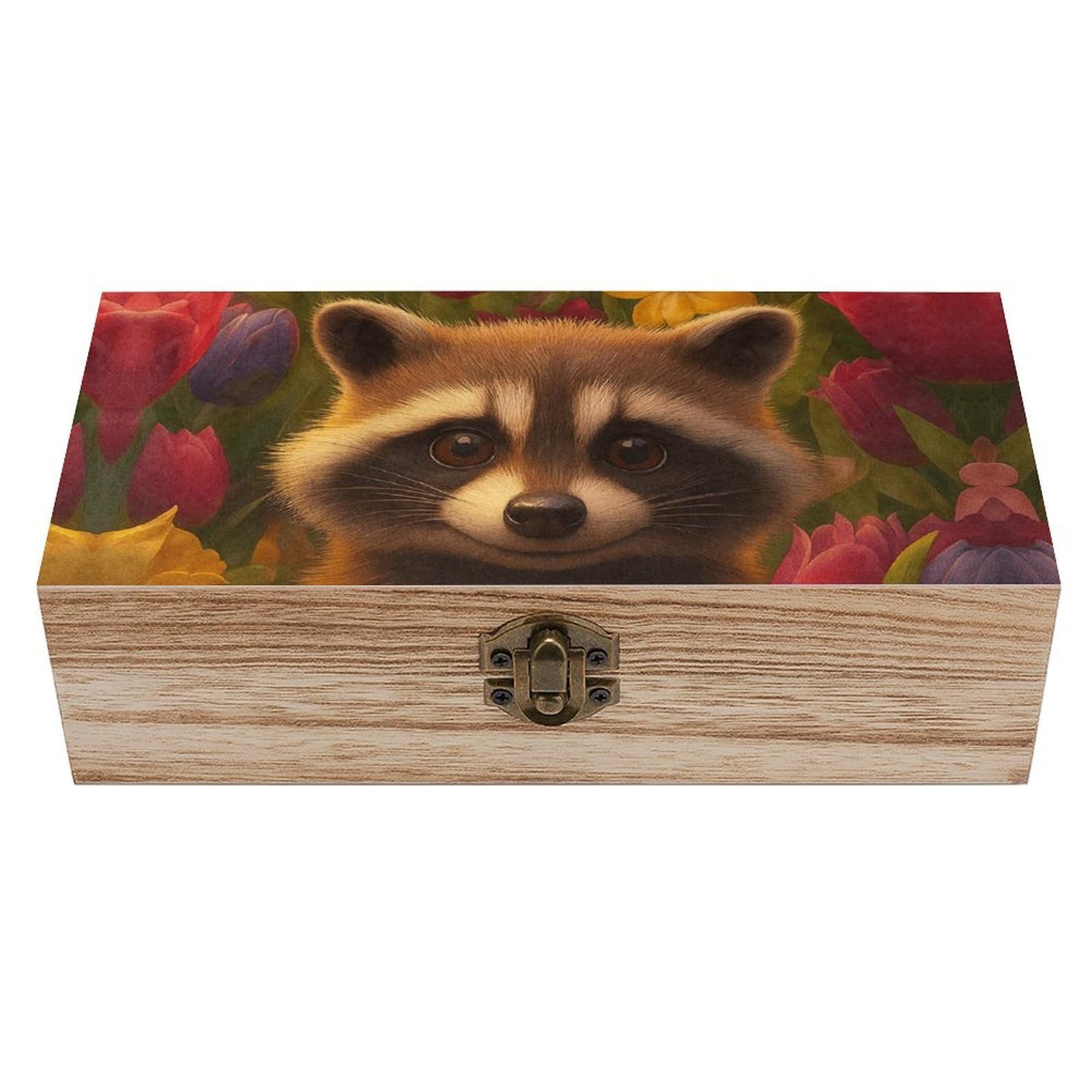 SMAZDFXX Lovely Raccoon in Tulips Wooden Storage Box Multipurpose Decorative Box for Jewelry Photo Home Decor
