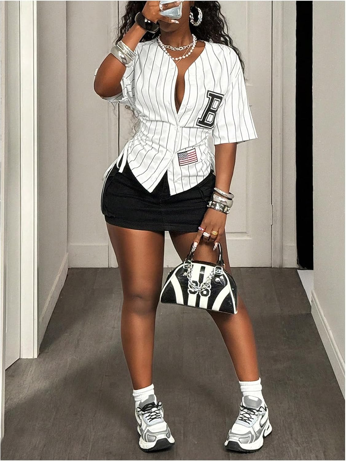 GORGLITTER Women's Cropped Jersey Striped Cinched Waist Tops Y2k Short Sleeve Button Down Shirts Streetwear
