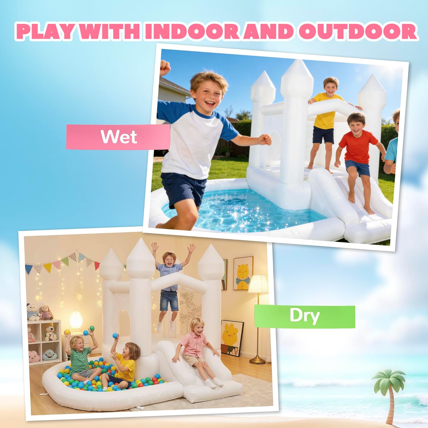 Qaba 8.2FT x 7.4FT White Bounce House, 3-in-1 Inflatable Bounce House with Slide and Ball Pit for Kids Ages 3-8, Indoor Outdoor Bouncy Castle with 370W Blower for Birthday and Wedding Party, White
