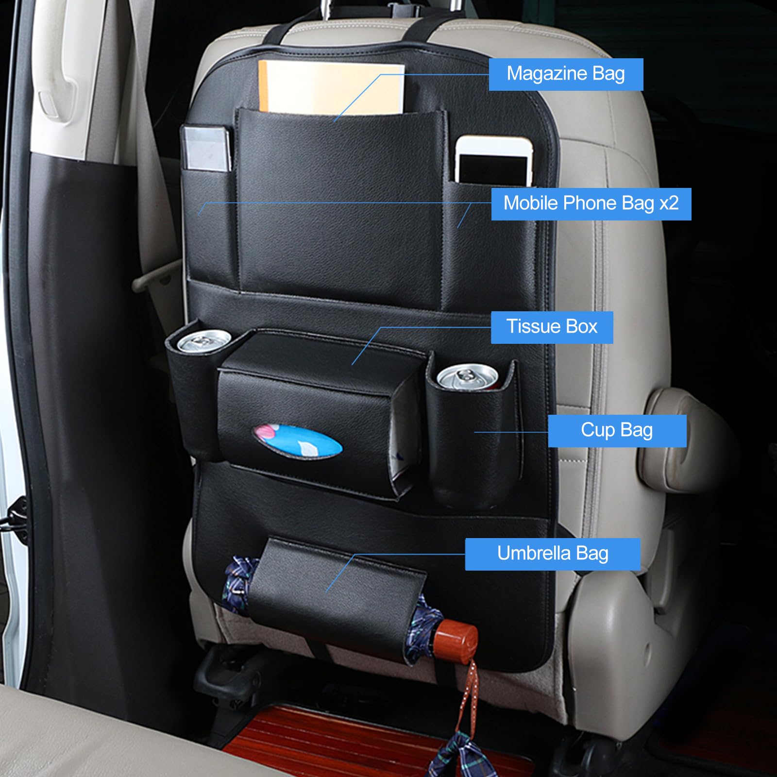 Ergocar 2 opakowania organizer samochodowy ze skóry PU, pokrowiec ochronny na tylne siedzenie, mata do kopania organizer na tylne siedzenie samochodu z 25 cm uchwytem na iPad/tablet wiele kieszeni w zestawie pudełko na chusteczki - czarny