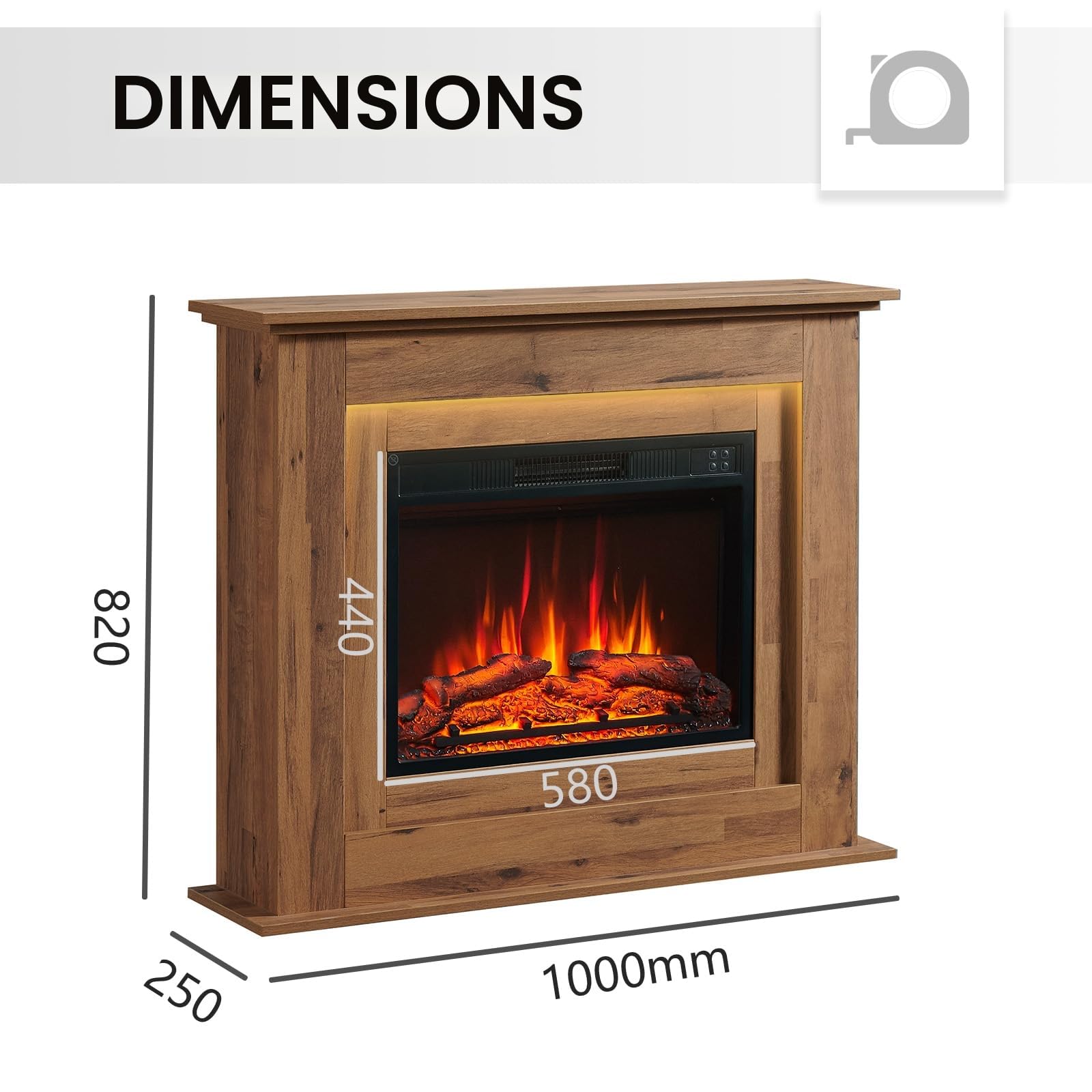 Foyer électrique BALDERIA Finn – Foyer au Sol, Effet Flamme 3D, éclairage d’Ambiance LED, Chauffage 2000 W, minuterie, Thermostat, Commande de démarrage, vitre Ouverte, télécommande – chêne foncé